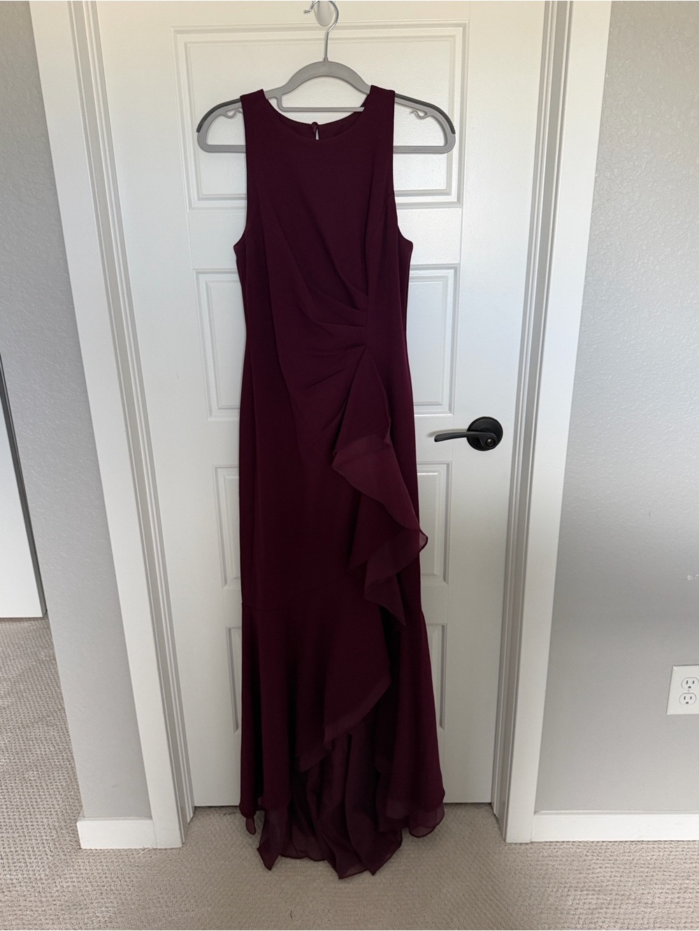 Adrianna Papell Sleeveless Burgundy Maxi Gown with Cascade Ruffle. MOB/MOG Dress